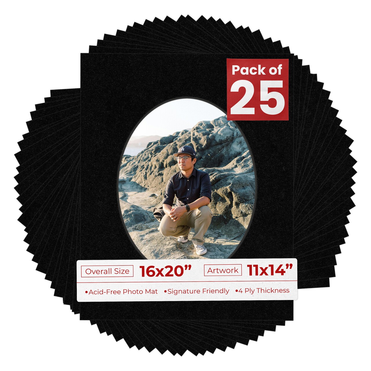 Black with Black Core Mat Board for 16x20 Frames - Oval Opening for 11x14 Photos